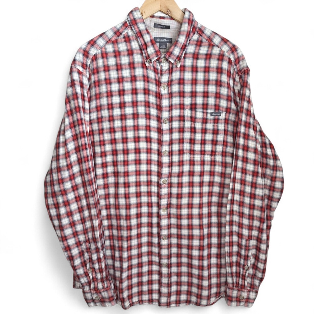 Eddie Bauer Shirt Mens TXL XL Tall Red Plaid Button Up Classic‎ Fit Casual